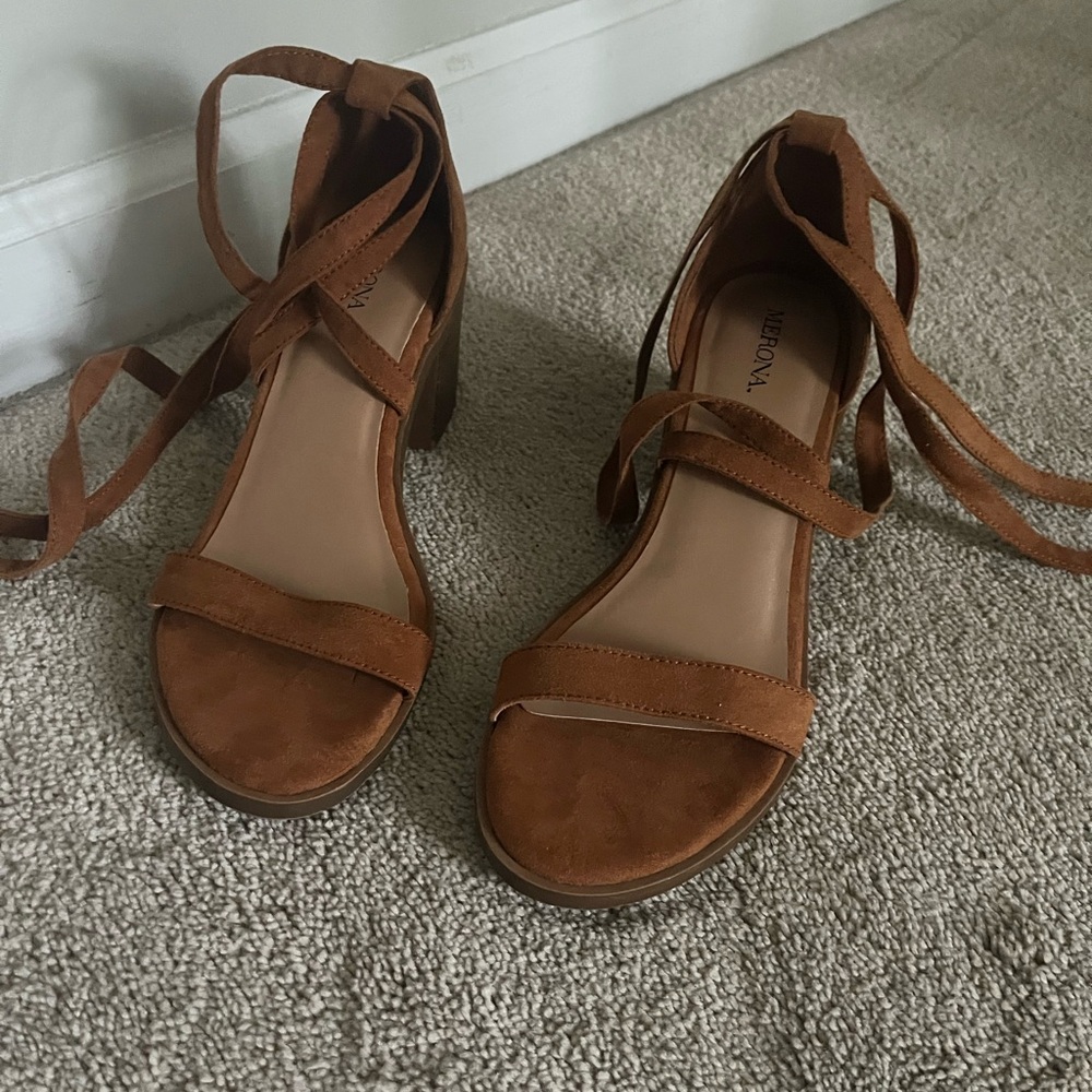 Merona Brown Suede Block Heel Sandals with Ankle Tie 7.5